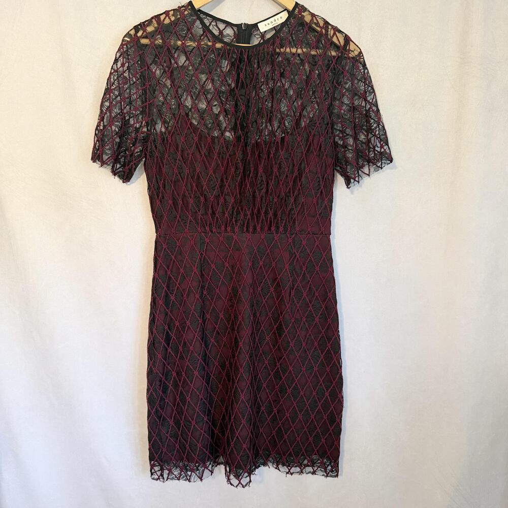 Sandro Dress Womens 2 Red Lace Geometric Short Sleeve Sheath Party Cocktail